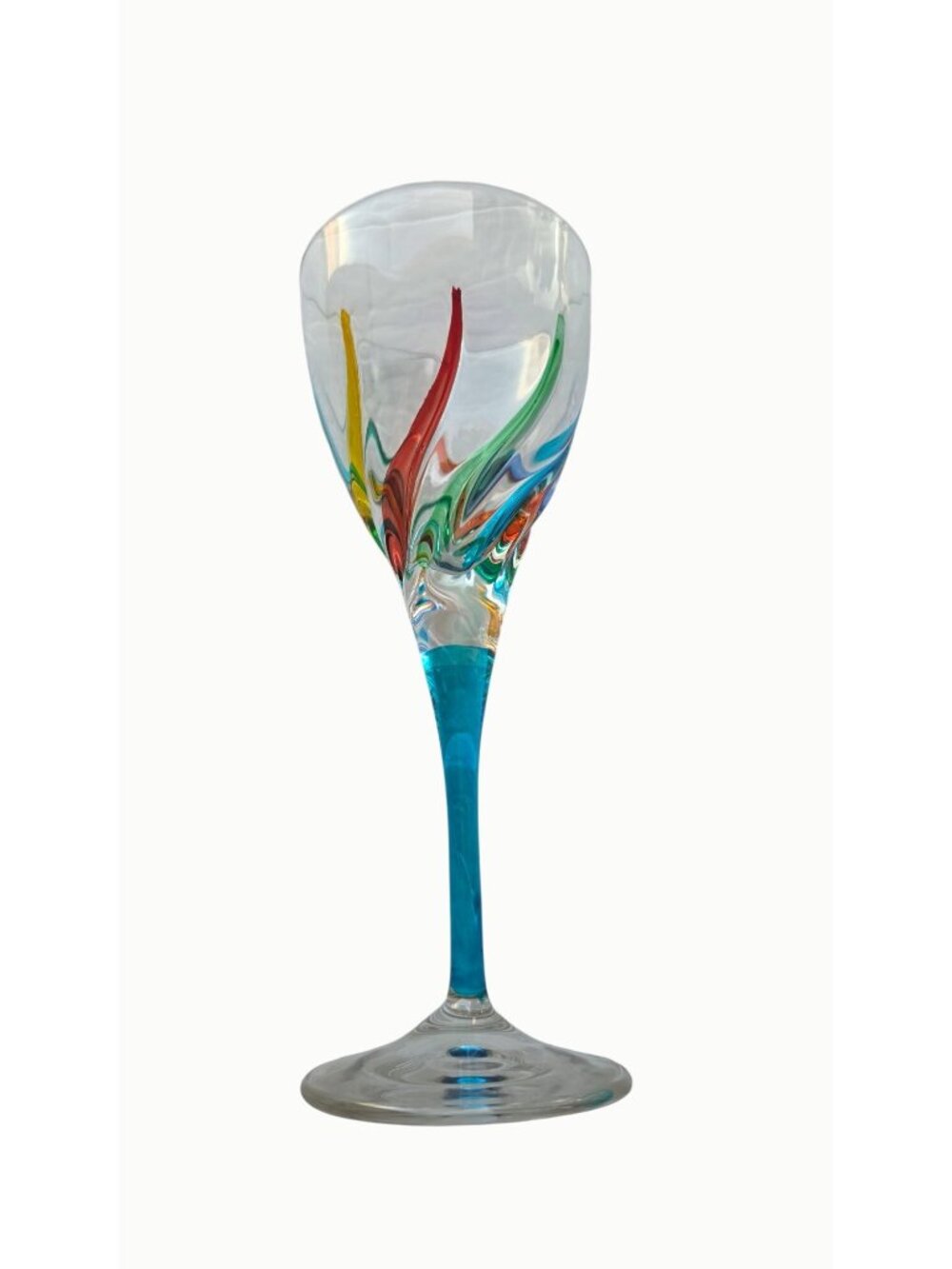 CC Zecchin Carnevale Hand Painted Italian Crystal Wine Glass Aqua Stem 8.5"